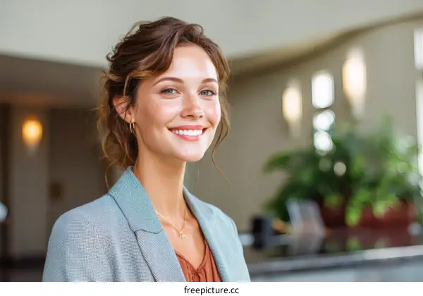 Smiling Caucasian Woman in a Business Outfit