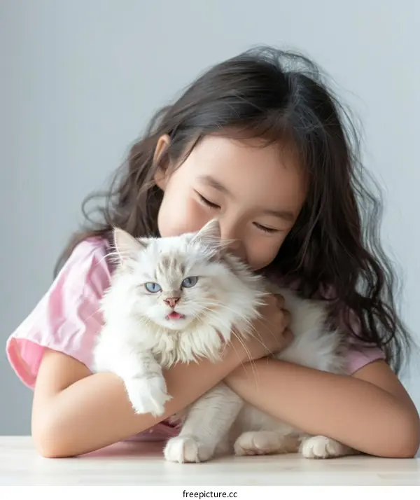 An Asian girl hugging a white Persian cat