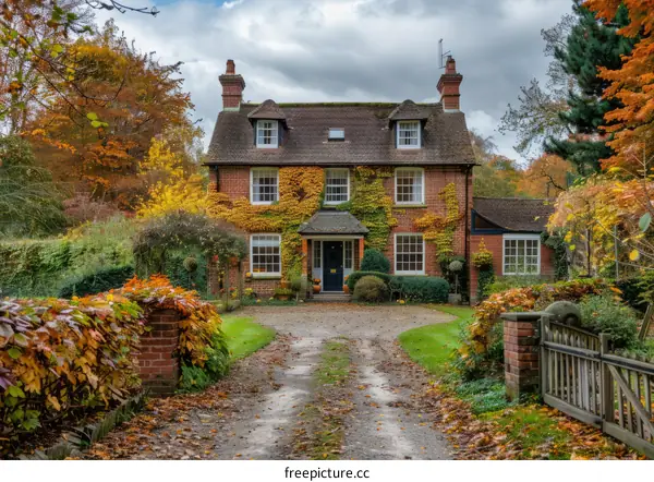 English Country House with Autumnal Foliage