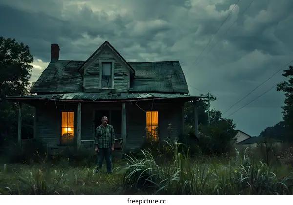 Man Standing in Front of an Old House with a Single Light On