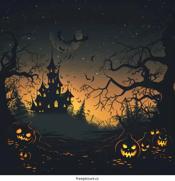 Halloween Night: A Haunted House with Bats and Pumpkins