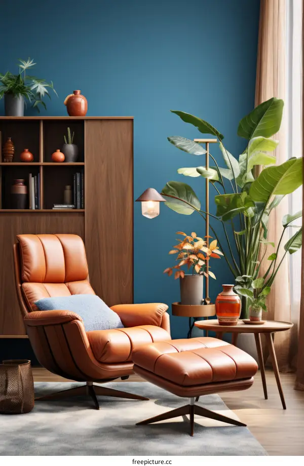 Stylish Living Room with Blue Walls and Leather Furniture