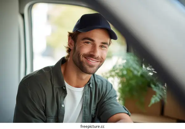 Smiling Caucasian Man in a Van