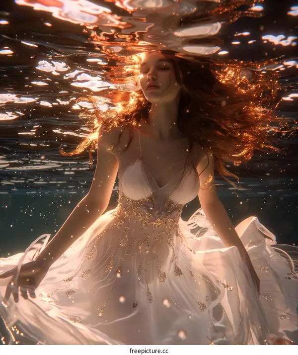 Woman in White Dress Posing Underwater