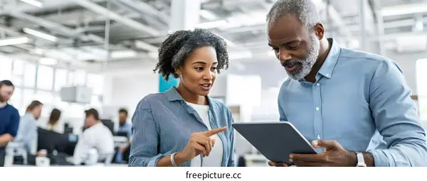 Two Business Colleagues Discuss Ideas Using Tablet