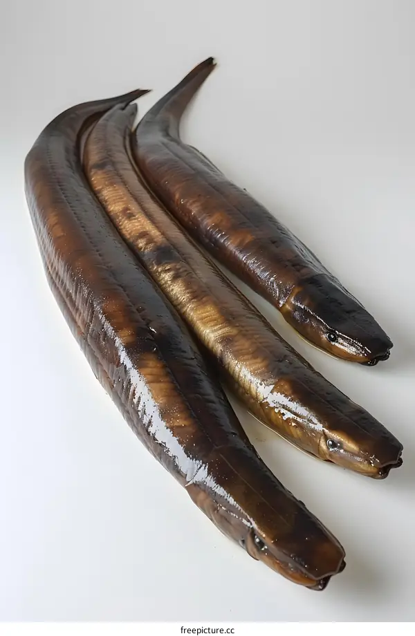 Three Smoked Lampreys on White Background