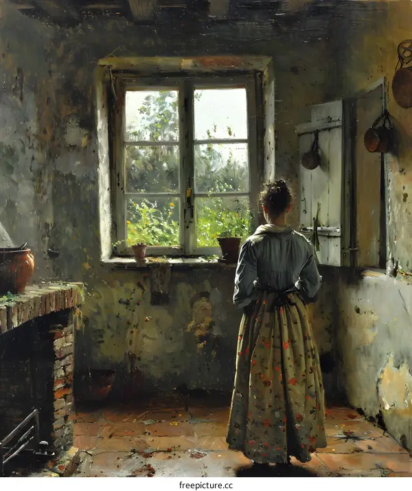 A woman standing in a kitchen looking out the window