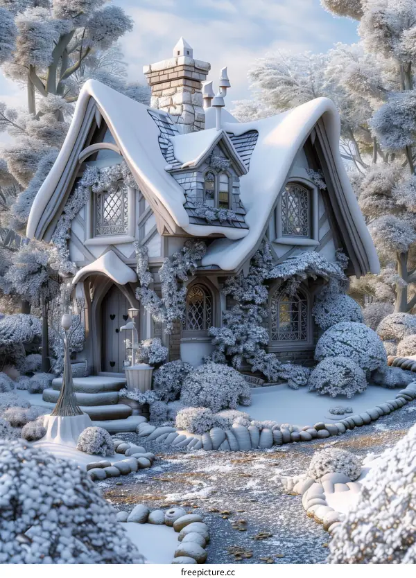 a snow covered cottage in the woods