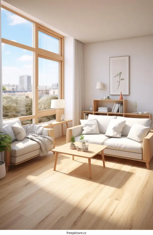 Airy and bright living room with large windows and a minimalist design