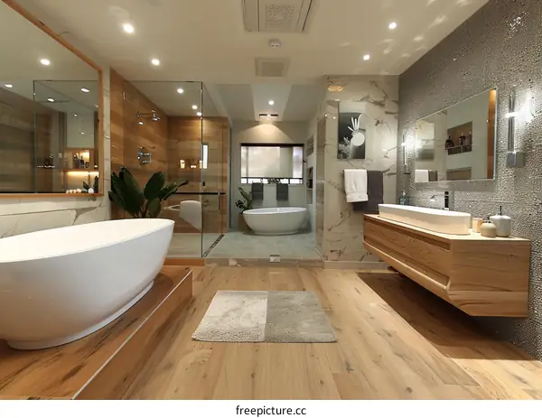 Modern Bathroom with Double Tubs and Wood Flooring