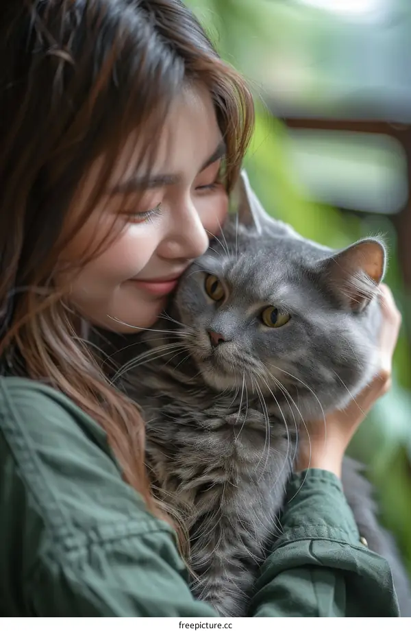 A young woman is hugging a gray cat