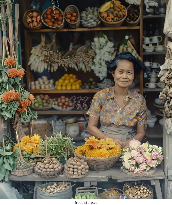 A woman is selling flowers and fruits at a market.