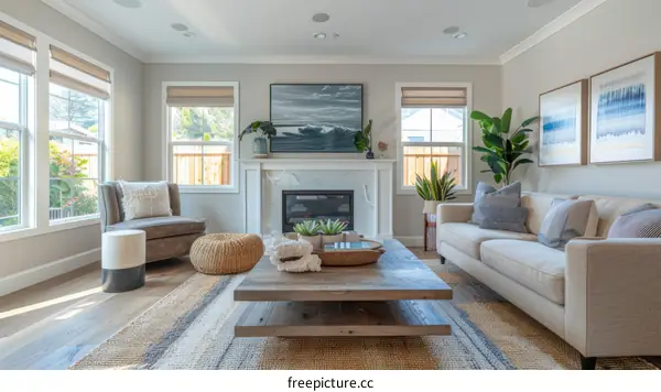 Coastal Living Room with Fireplace and Comfortable Seating