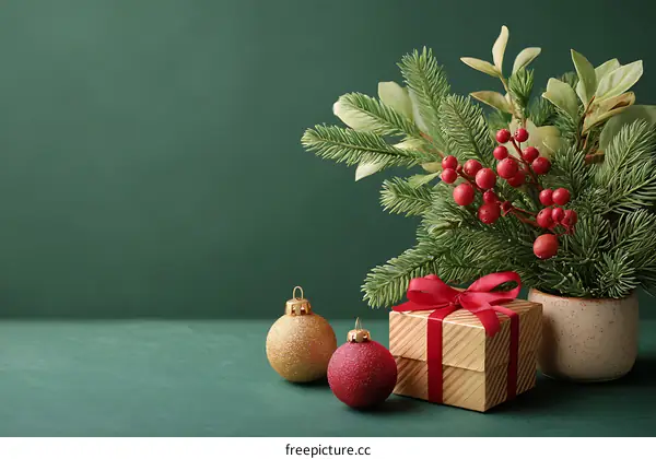 Christmas Decoration Arrangement on a Green Background