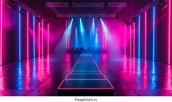 Empty stage with colorful lighting and a catwalk