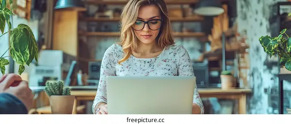 Woman Working on Laptop in Cafe with Plants