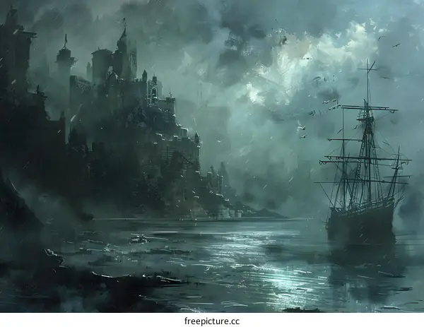 Dark Fantasy Castle and Ship in Stormy Weather