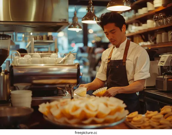 Focused Asian Chef Preparing Coffee Filters in Commercial Kitchen