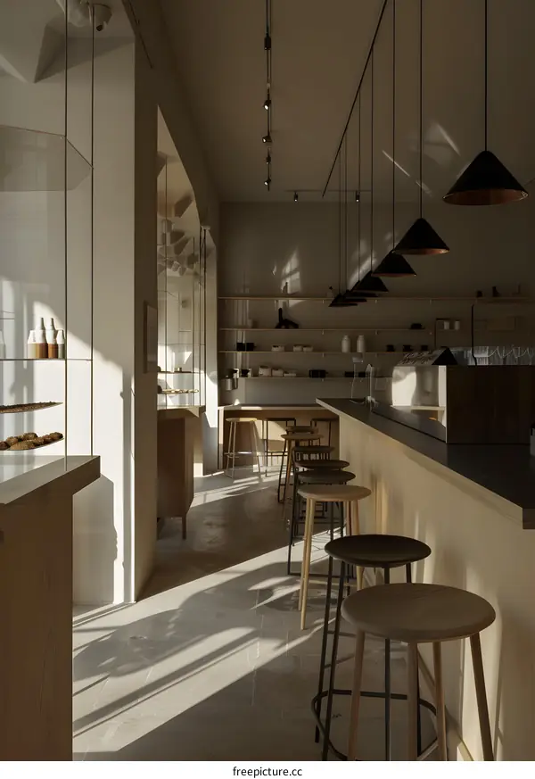 Modern Minimalist Coffee Shop Interior Design with Wooden Furniture and Natural Light