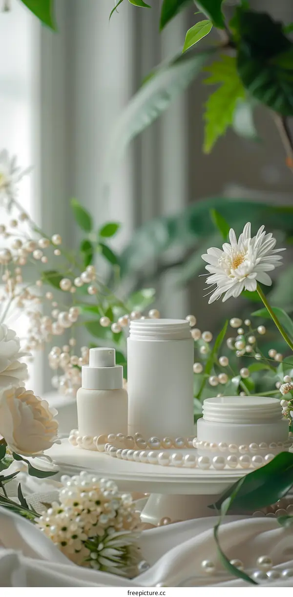 White Cosmetic Bottles with Green Leaves and White Flower