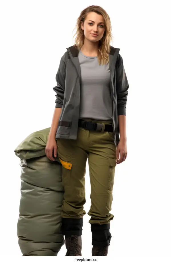 woman in green pants and gray jacket with a large green bag