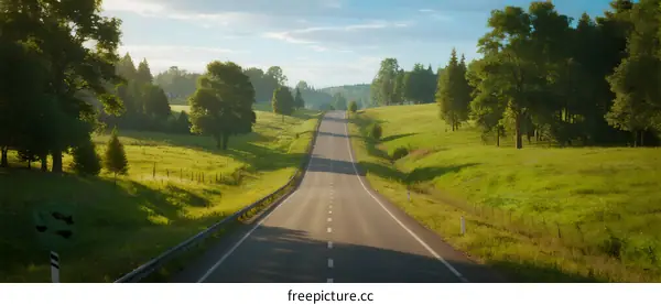 A scenic road through lush green fields under a clear sky