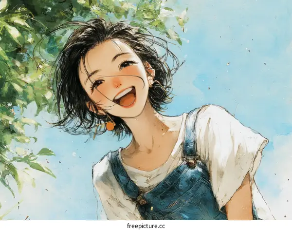 Joyful Asian Girl Underneath a Sky Filled with Trees