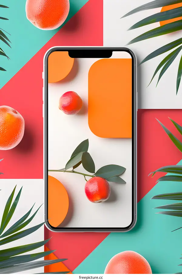 White Mobile Phone with Oranges and Green Leaves on a Colorful Background