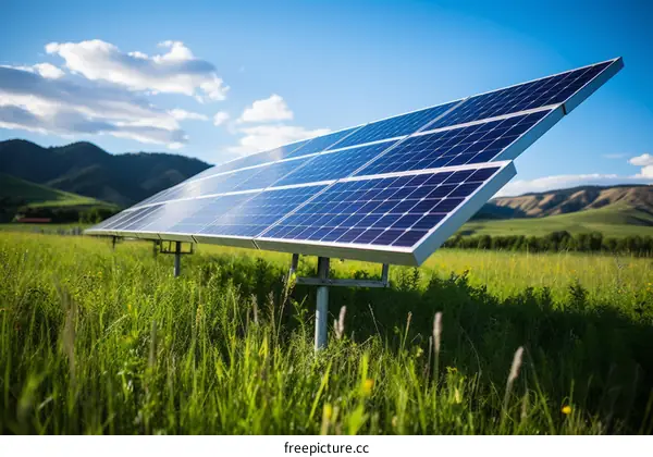 A field of solar panels in a rural setting