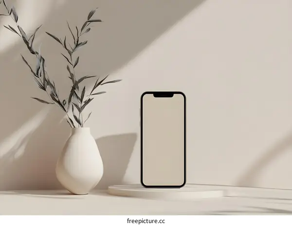 Minimalist Phone Mockup with Vase and Leaves