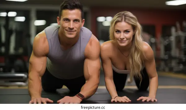 A man and a woman doing push-ups in a gym