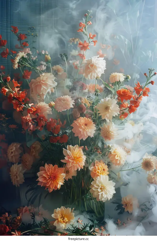 colorful flowers in the mist