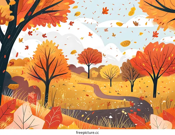 Autumn Illustration With Colorful Fall Foliage And Winding Pathway