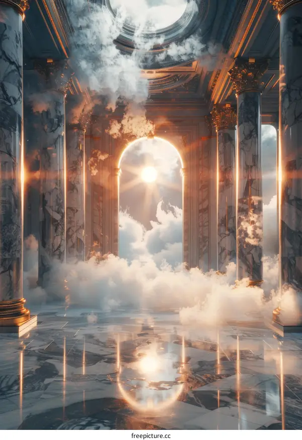 Surrealism painting of a hallway with marble columns and a large door