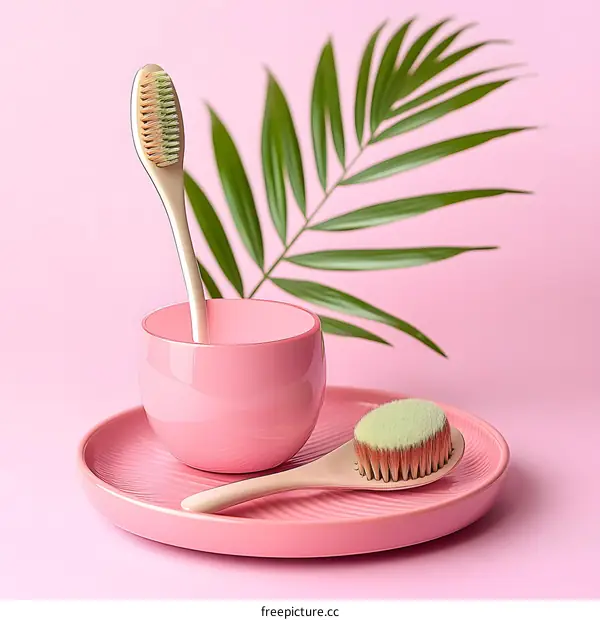 Pink Ceramic Plate with Bamboo Toothbrush and Palm Leaf