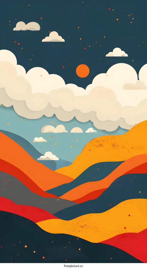 Abstract Mountain Landscape Illustration with Sun and Clouds in Paper Cut Style