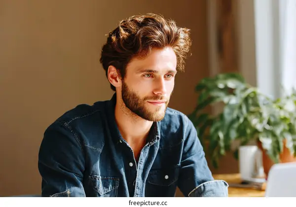 Thoughtful Caucasian Man in Casual Denim Shirt