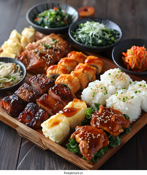 Japanese food platter with teriyaki chicken sushi and sides