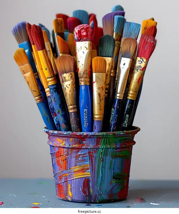 A variety of paintbrushes in a paint can