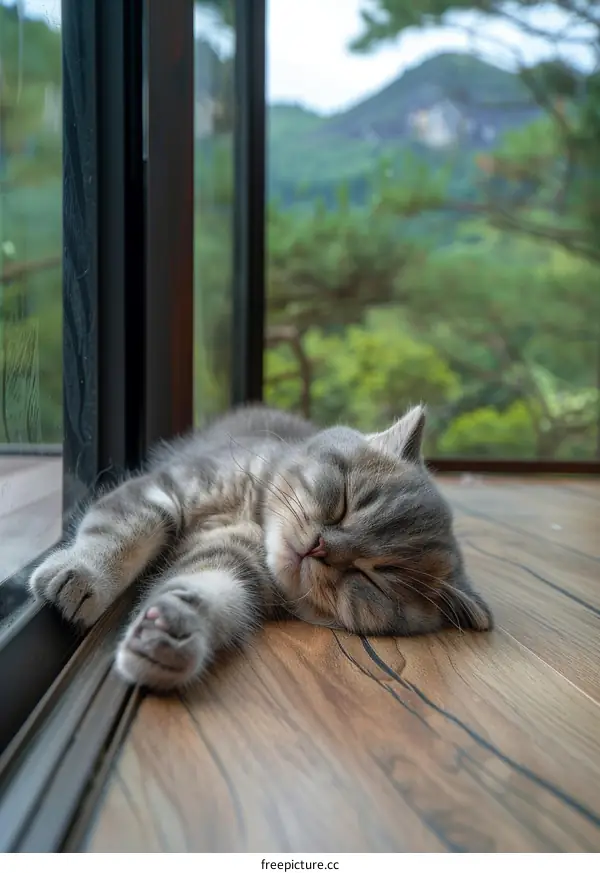 A cute gray kitten is sleeping on the floor in front of a large glass window.