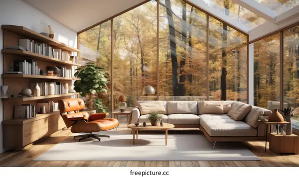 A living room with a large window looking out onto a forest