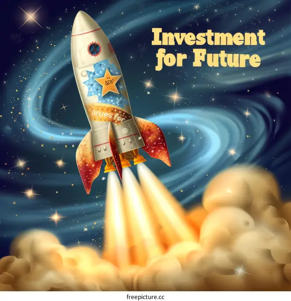 Rocket ship launching into space with stars and a blue background