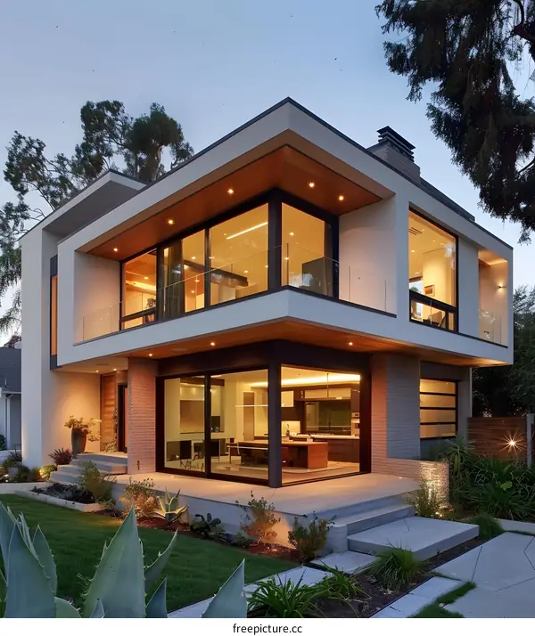 Modern Home with Large Windows and a Lush Garden