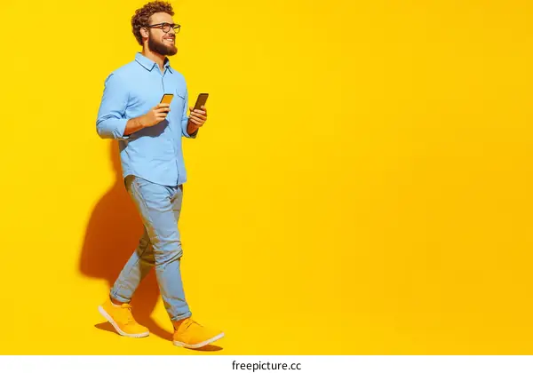 Stylish Man Holding Smartphones Against Yellow Background