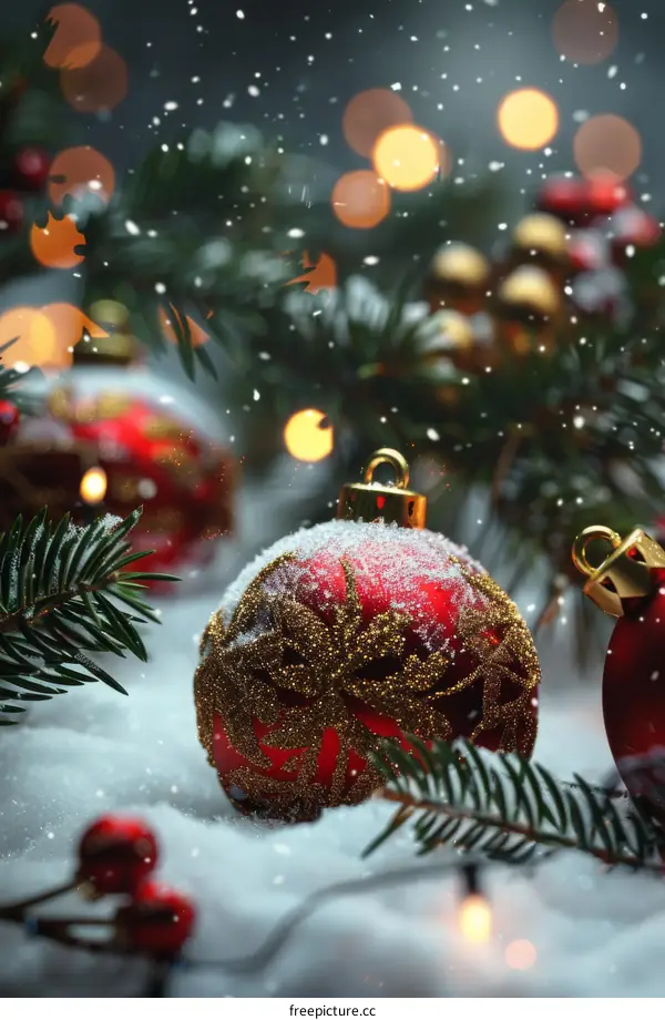 Christmas Ornaments with Red and Gold in Snow