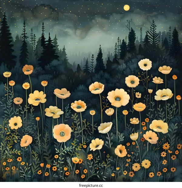 Field of yellow flowers under the night sky