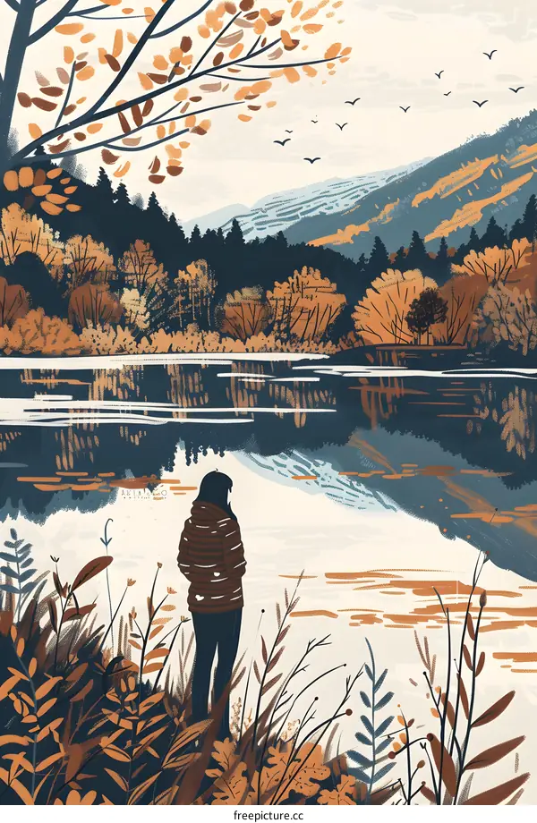 Autumn Landscape with Woman by the Lake