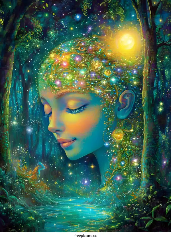 Mystical Forest with Woman and Stars