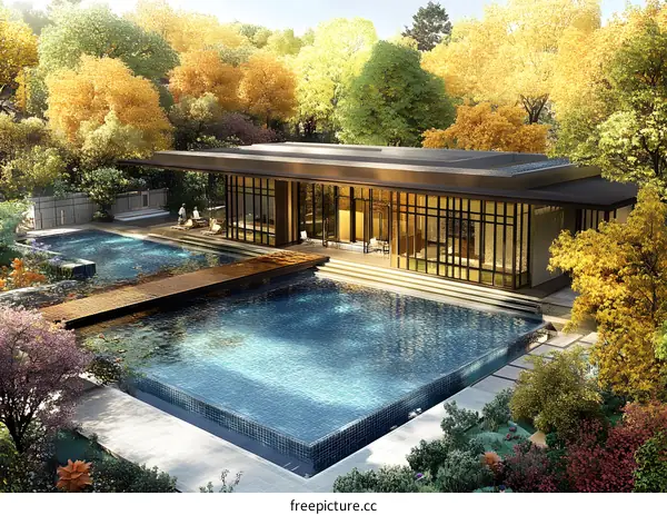 Modern Architecture Building with Swimming Pool Surrounded by Trees in Autumn