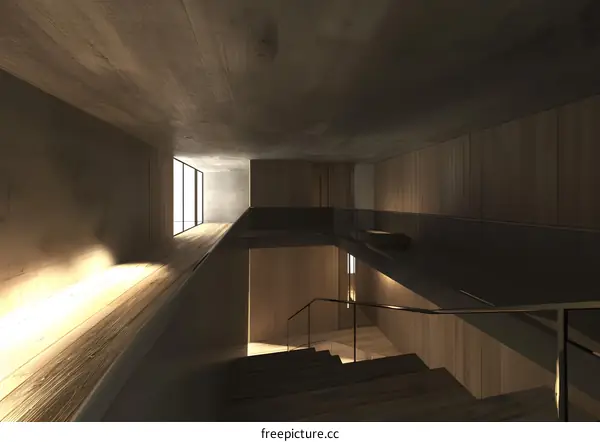 Modern Interior Design with Wooden Stairs and Concrete Walls
